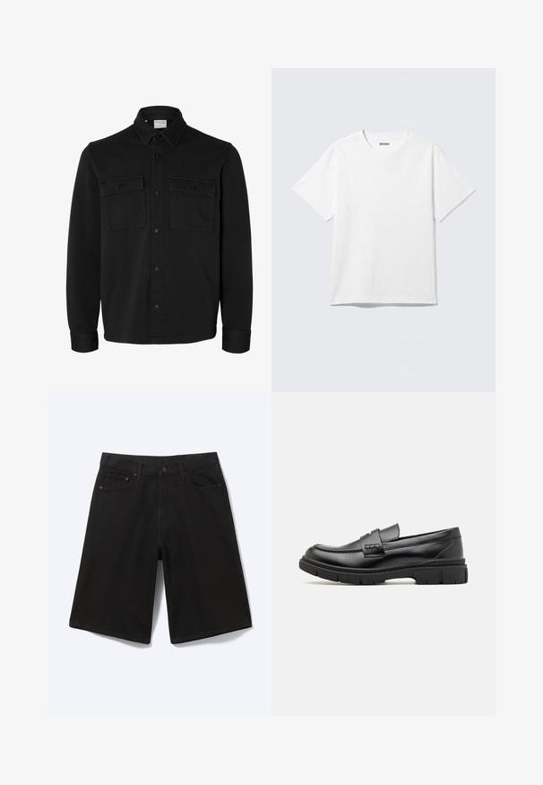 Sort langærmet skjortejakke med knapper, spids krave, to brystlommer med klapper og knapper samt knaphul på manchetterne.; Hvid kortærmet crewneck T-shirt lagt fladt ud, ensfarvet design, med "WEEKDAY" mærkat inde i kraven på en lys baggrund.; Sorte denim shorts til knæet med frontknap, bæltestropper og fem lommer, vist mod en hvid baggrund.; Sort læder loafersko med en bred rem over forfoden, gummisål med tykke mønstre og glat overflade. Klassisk, slankt design.