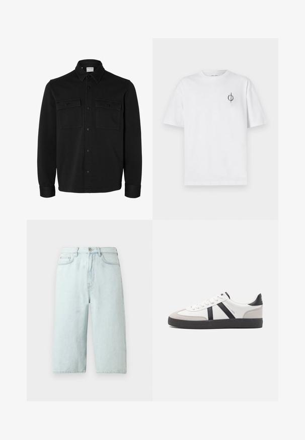 Zwart overhemdjack met lange mouwen en knopen, met spitse kraag, twee borstzakken met klep en knopen en knoopmanchetten.; Witte katoenen t-shirt met een ontspannen pasvorm, voorzien van een klein zwart graphic logo op de linkerkant van de borst. Korte mouwen, ronde hals.; Lichtblauwe denim shorts met een rechte pijp, een taille die tot halverwege de heupen reikt, steekzakken aan de voorkant en een enkele achterzak, afgewerkt met subtiele stiksels.; Witte sneaker met zwarte en grijze accenten, voorzien van een grijze neus met textuur, zwarte rubberen zool en platte witte veters. Schoon ontwerp, minimalistische stijl.