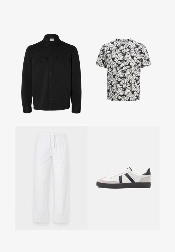 Chaqueta camisa negra de manga larga con botones, cuello puntiagudo, dos bolsillos en el pecho con solapas y botones, y puños abotonados.; Camiseta de manga corta hecha de tela suave con un fondo negro y un patrón de hojas blancas en todo su diseño. Cuello redondo, ajuste relajado.; Pantalones de algodón blancos, ligeros, con cintura elástica y cordón; presentan piernas anchas y una superficie lisa y sin textura.; Zapatilla blanca con acentos en negro y gris, que presenta una puntera texturizada en gris, suela de goma negra y cordones planos blancos. Diseño limpio, estilo minimalista.