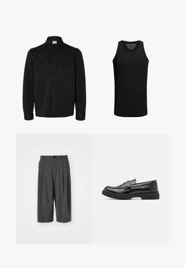 Chaqueta camisa negra de manga larga con botones, cuello puntiagudo, dos bolsillos en el pecho con solapas y botones, y puños abotonados.; Camiseta sin mangas negra hecha de una mezcla de algodón, con un diseño de cuello redondo clásico. Textura lisa sin patrones ni acentos.; Pantalones cortos de pierna ancha a rayas grises con cierre de botón y parte delantera plisada. Hechos de una tela texturizada, con un diseño a medida.; Mocasin de cuero negro con una cinta ancha en el empeine, suela de goma con tacos gruesos y textura suave. Diseño clásico y elegante.