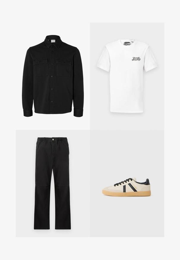 Chaqueta camisa negra de manga larga con botones, cuello puntiagudo, dos bolsillos en el pecho con solapas y botones, y puños abotonados.; Camiseta de cuello redondo de manga corta blanca con pequeño logotipo negro de "Pepsi-Cola" en el lado izquierdo del pecho y etiqueta de marca en el cuello.; Pantalones negros de algodón con una cintura elástica, que cuentan con un diseño de pierna recta, textura suave y sin acentos ni patrones visibles.; Zapatillas casuales en crema con rayas negras, con parte superior texturizada y suela de goma. Los cordones son negros. Logo sutil en el costado.
