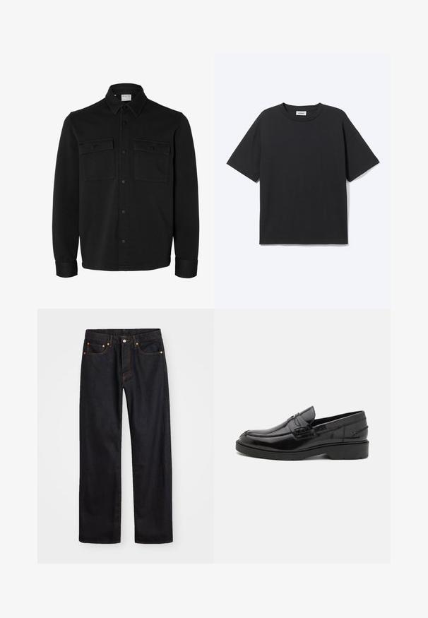 Sort langærmet skjortejakke med knapper, spids krave, to brystlommer med klapper og knapper samt knaphul på manchetterne.; Sort T-shirt med korte ærmer og rund hals med afslappet pasform, forfra, ensfarvet design og synligt Weekday-mærke inde i kraven.; Mænds lige ben sorte denim jeans med fem lommer og orange syninger, knap- og lynlåslukning foran på taljen.; Sorte læder loafers med en glat finish, rund tå, lav hæl og dekorativ syning langs forsiden. Gummisål for godt greb.