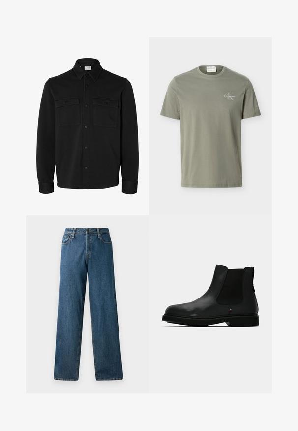 Sort langærmet skjortejakke med knapper, spids krave, to brystlommer med klapper og knapper samt knaphul på manchetterne.; Lysegrøn kortærmet t-shirt med rund hals og lille hvid Calvin Klein-logo på venstre bryst.; Mørkeblå denimjeans med en afslappet pasform, lige ben, fem lommer og kontrasterende syninger. Har en frontknap og lynlås lukning.; Sort læder Chelsea-støvle med elastiske sidepaneler, rund tå og tekstureret overdel. Har en flad gummisål og diskret mærkedetalje.