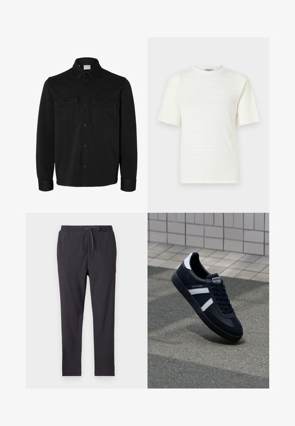 Zwart overhemdjack met lange mouwen en knopen, met spitse kraag, twee borstzakken met klep en knopen en knoopmanchetten.; Witte T-shirt met korte mouwen, gemaakt van textuurstof met een subtiel horizontaal patroon. Ronde halsontwerp, losse pasvorm.; Donkergrijze jogger broek met een elastische tailleband, koordsluiting, zijzakken en een ribbelstructuur over de gehele lengte.; Zwarte leren sneaker met witte strepen, een gestructureerde rubberen zool en vetersluiting aan de voorkant. Voorzien van een merklabel op de tong.