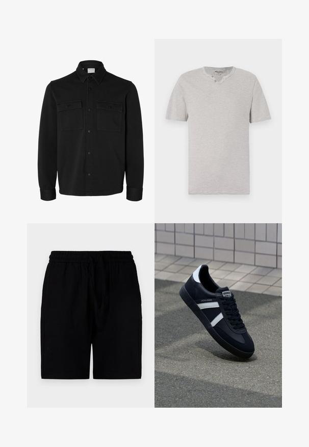 Sort langærmet skjortejakke med knapper, spids krave, to brystlommer med klapper og knapper samt knaphul på manchetterne.; Kortærmet, grå og hvid stribet t-shirt med rund hals og to-knap detaljer ved halsudskæringen. Blødt stof med en afslappet pasform.; Sorte shorts lavet af et let materiale, med en elastisk linning og snor, sidelommer og en afslappet pasform.; Sort lædersneaker med hvide striber, tekstureret gummisål og snørrebånd foran. Har et brandet mærke på tungen.
