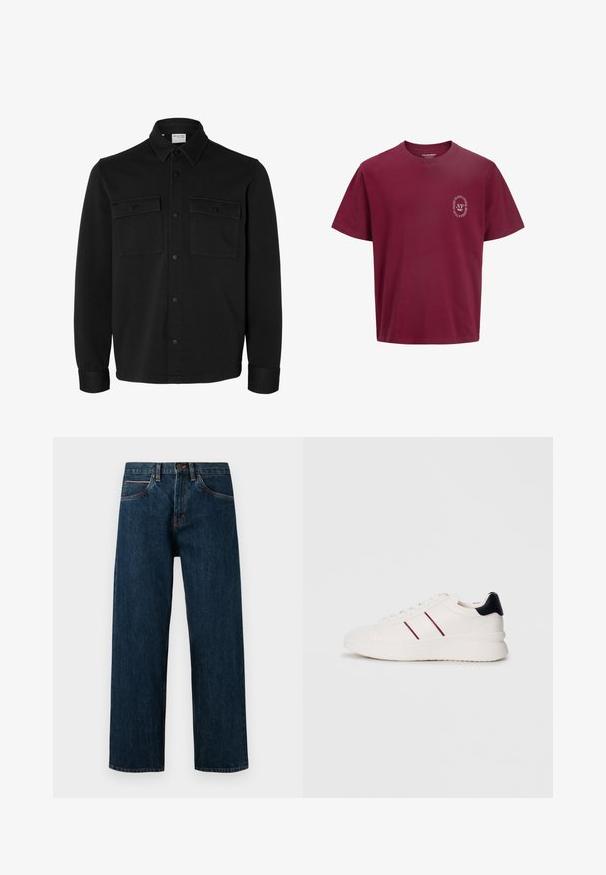 Zwart overhemdjack met lange mouwen en knopen, met spitse kraag, twee borstzakken met klep en knopen en knoopmanchetten.; Bordeaux rode T-shirt met ronde hals en korte mouwen, met witte circulaire tekst en "NY"-logo op de linkerborst.; Donkerblauwe spijkerbroeken met een rechte snit, met vijf zakken en contrasterende oranje stiksels langs de naden.; Witte sneaker met rode strepen, soepel leren ontwerp, iets verhoogde zool, ronde neus en contrasterende zwarte hielaccent.