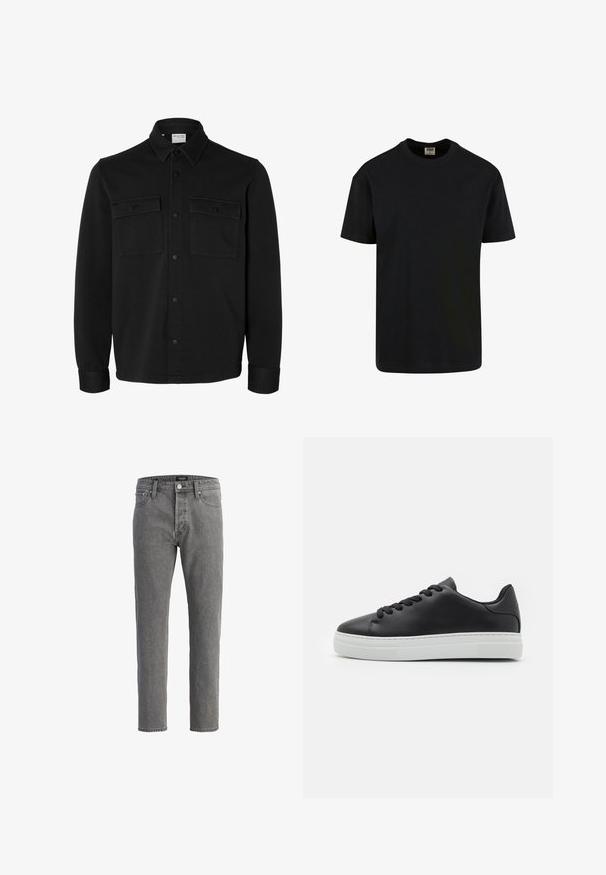 Zwart overhemdjack met lange mouwen en knopen, met spitse kraag, twee borstzakken met klep en knopen en knoopmanchetten.; Urban Classics SHORTSLEEVE - T-shirt basic - black; Grijze denim jeans met een rechte snit, vijf-pocket ontwerp en metalen knoopsluiting. De stof heeft een zachte, gestructureerde afwerking.; Zwarte leren sneaker met ronde neus, witte rubberen zool en zwarte veters. Kenmerkt zich door een gladde afwerking en minimalistisch ontwerp.
