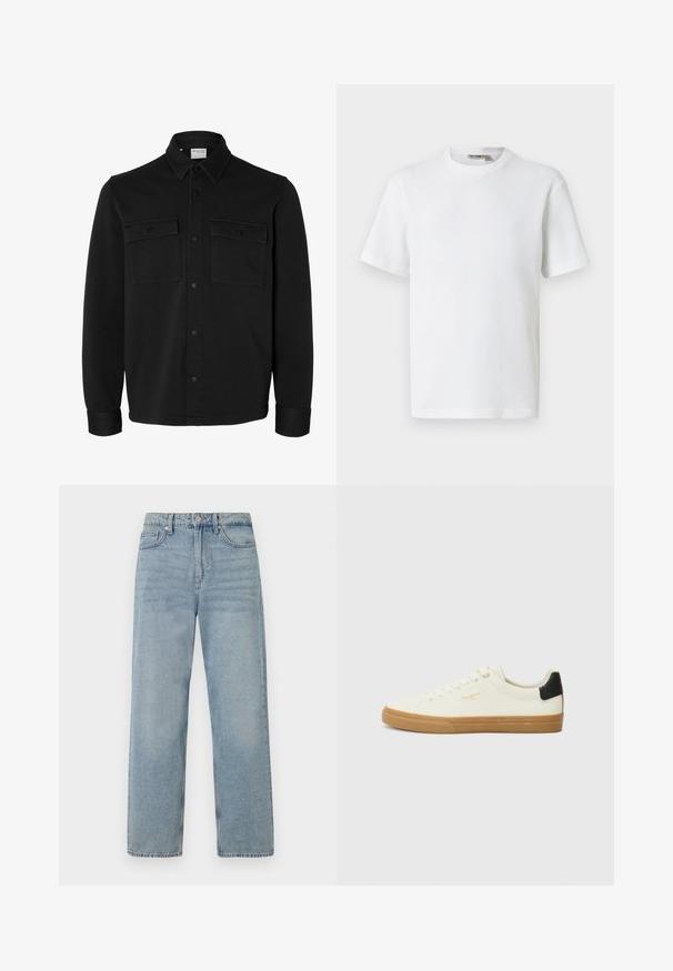 Chaqueta camisa negra de manga larga con botones, cuello puntiagudo, dos bolsillos en el pecho con solapas y botones, y puños abotonados.; Camiseta blanca de manga corta con cuello redondo y tejido de waffle, con una pequeña etiqueta de la marca en el interior del cuello, mostrada sobre un fondo liso.; Jeans de mezclilla azul claro con una cintura alta, diseño de pierna recta, estilo de cinco bolsillos y un ligero desgaste para un efecto usado.; Zapatilla de lona blanca con suela de goma, acento negro en el talón, punta redonda y diseño con cordones. Presenta el logo de la marca en dorado en el lateral.