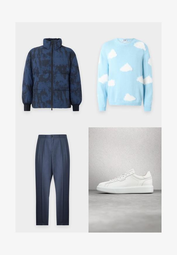 Dunkelblauer Steppjacke mit strukturiertem Muster. Verfügt über einen hohen Kragen, einen Reißverschluss und elastische Bündchen.; Hellblauer Strickpullover mit weißen, flauschigen Wolkenmustern, die über Körper und Ärmel verteilt sind, Rundhalsausschnitt und gerippte Bündchen.; Marineblaue, maßgeschneiderte Herrenhosen mit vorderen Falten, einem knöpfbaren Bund und schmal zulaufenden Beinen vor weißem Hintergrund.; Weiße Ledersneaker mit runder Zehenform, flacher Schnürung und grauer Gummisohle. Verfügt über dezente Nähte und ein Logoakzent.