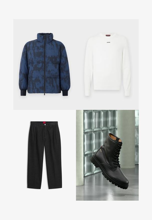 Dunkelblauer Steppjacke mit strukturiertem Muster. Verfügt über einen hohen Kragen, einen Reißverschluss und elastische Bündchen.; Weißer Strickpullover mit rundem Ausschnitt und langen Ärmeln. Kleines schwarzes "HUGO"-Logo auf der Brust. Weiche Textur mit gerippten Bündchen.; Schwarze Hose mit hoher Taille, vorderen Falten, Gürtelschlaufen, Knopf- und Reißverschluss sowie einem roten Etikett innen am Bund.; Schwarzer Leder-Schnürkampfstiefel mit dicker Sohle, goldenem "HUGO"-Logo an der Seite, präsentiert in modernem Innenraum mit Glasbausteinwand im Hintergrund.