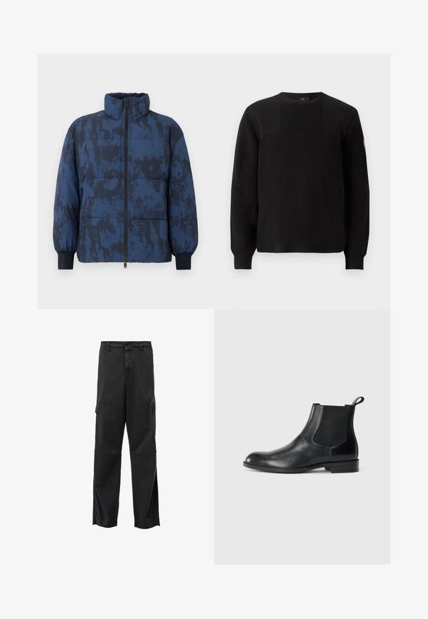 Puffervinterjakke i mørkeblå med et tekstureret mønster. Har høj krave, lynlås lukning og elastiske manchetter.; Sort strikket sweater med ribbet tekstur, rund hals og lange ærmer. Har en subtil paneldesign og et lille logo på ærmet.; Sorte cargo bukser med lige skæring, knaplukning og sidelommer. Glat stof med mat finish og uden synlige mønstre.; Sorte læder ankelstøvler med elastiske sidepaneler, rund tå og en trækloft. Glat tekstur, flad sål, minimalistisk design.