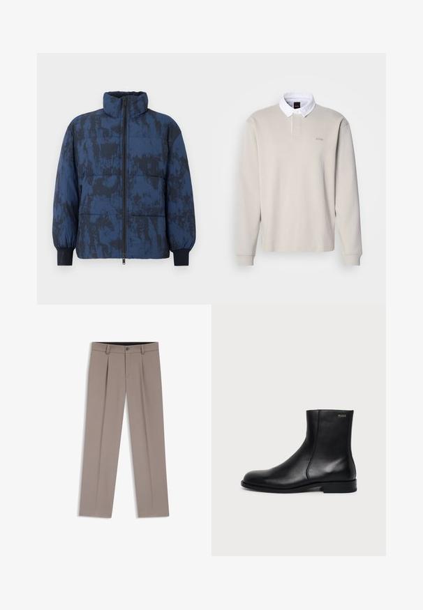 Puffervinterjakke i mørkeblå med et tekstureret mønster. Har høj krave, lynlås lukning og elastiske manchetter.; Lysebeige langærmet polo med hvid krave og knappet klap, med en logo på brystet og ribbede manchetter. Glat bomuldsstof.; Lysebrune herrebukser med bæltestropper, plisseringer, knaplukning foran og lynlås, lagt fladt på en hvid baggrund.; Sort læderankelstøvle med lav hæl, sidesyning og lille "HUGO" logo på den øverste manchet mod en ensfarvet baggrund.