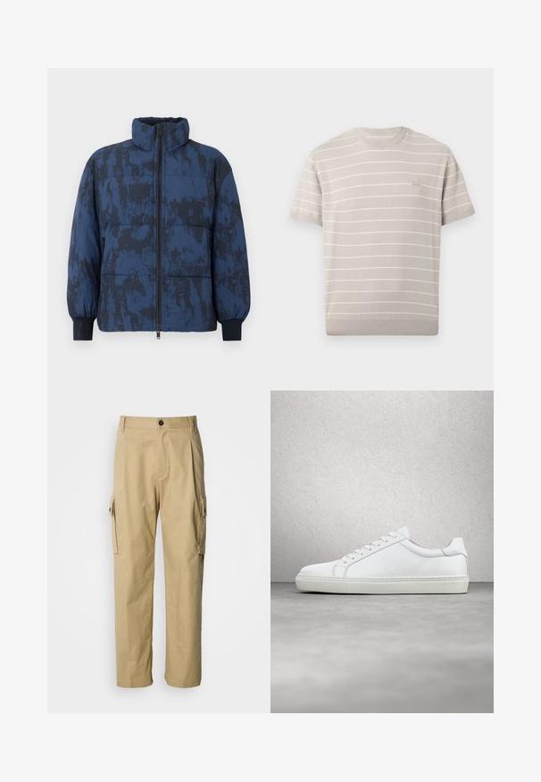 Donzen jas in donkerblauw met een gestructureerd patroon. Beschikt over een hoge kraag, ritssluiting en elastische manchetten.; Lichtbeige gebreid shirt met korte mouwen, dunne horizontale witte strepen en een klein vierkant logo op de linkerborst.; Beige cargobroek gemaakt van duurzaam stof, met een ontspannen pasvorm, zijzakken en een knoopsluiting in de taille.; Witte sneaker met een gladlederen bovenwerk en een laag profiel. Voorzien van een ronde neus, zes vetergaatjes en een gestructureerde rubberen zool.