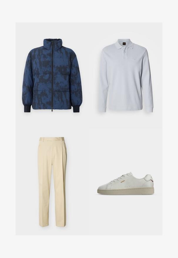 Puffervinterjakke i mørkeblå med et tekstureret mønster. Har høj krave, lynlås lukning og elastiske manchetter.; Lyseblå langærmet poloshirt lavet af ribstrikket stof, med krave og tre-knaps åbning samt diskret logobroderi.; Beige bukser med lige ben, bæltestropper og forreste læg på en ensartet lys baggrund.; Hvid lavtop sneaker med beige sål, guld "HUGO" logo på siden og rød accent på hælstrop, vist i sideprofil.