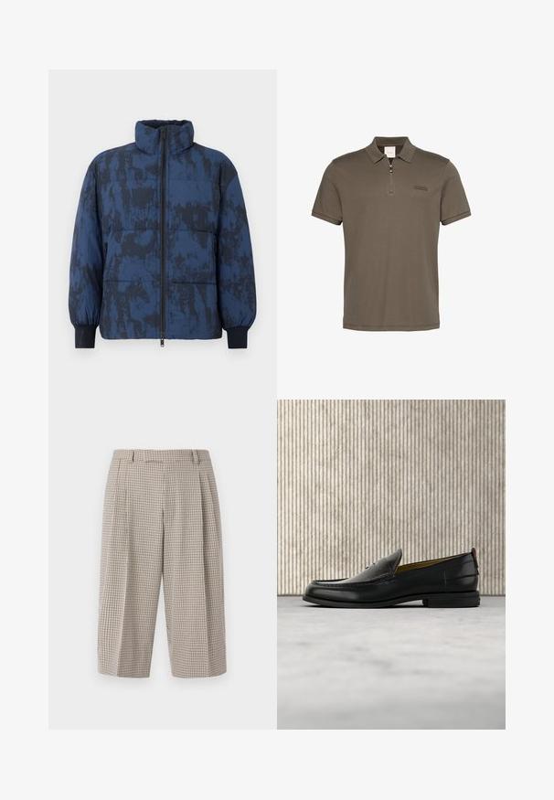 Dunkelblauer Steppjacke mit strukturiertem Muster. Verfügt über einen hohen Kragen, einen Reißverschluss und elastische Bündchen.; Braunes Poloshirt mit kurzen Ärmeln, Kragen und Frontreißverschluss, mit kleinem rechteckigem Logo auf der linken Brust.; Hoch taillierte, weit geschnittene kurze Hose mit beige-schwarz kleinem Karomuster, Gürtelschlaufen und vorderen Falten.; Schwarzer Herren-Slipper aus Leder mit einer krokogeprägten Vorderkappe und einem niedrigen Absatz, im Profil vor neutralem Hintergrund gezeigt.