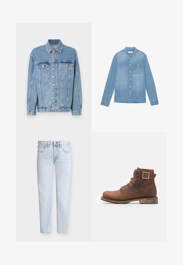 Hellblaue Jeansjacke mit Kragen, vorderem Knopfverschluss, zwei Brusttaschen und subtilen Waschungseffekten. Klassischer gerader Schnitt.; Hellblaues Denim-Hemd mit Knopfleiste, langen Ärmeln, spitzem Kragen, einer Brusttasche und dezentem Verblassen des Stoffes.; Hellblaue gerade geschnittene Jeans mit vorderen Taschen und Knopfverschluss, dargestellt vor schlichtem weißen Hintergrund.; Harley Davidson VNTGMOTO SHORT RIDING APPROVED - Cowboy-/Bikerstiefelette - brown