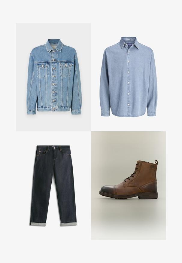 Veste en denim bleu clair avec un col, fermeture à boutons sur le devant, deux poches poitrine et des détails de décoloration subtils. Design classique à coupe droite.; Chemise en denim bleu clair à manches longues avec col et boutons blancs, présentée sur un fond blanc uni.; Jean en denim bleu foncé avec revers roulés, cinq poches et coutures contrastées, posé à plat sur un fond blanc.; Botte cheville en cuir marron à lacets avec bout noir, semelle ronde et détail de marque sur le côté sur fond uni.