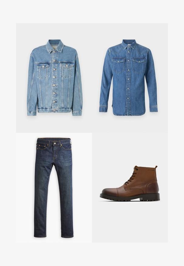 Hellblaue Jeansjacke mit Kragen, vorderem Knopfverschluss, zwei Brusttaschen und subtilen Waschungseffekten. Klassischer gerader Schnitt.; Blaues Denim-Hemd mit langen Ärmeln, Vorderknopfleiste, spitzem Kragen, zwei Brusttaschen mit Klappen und Druckknöpfen sowie sichtbaren Nahtdetails.; Dunkelblaue Jeans aus Denim mit geradem Schnitt, ausgestattet mit einem Knopfverschluss und orangefarbenen Nähten. Glatte Textur ohne sichtbare Muster.; Braune Leder-Stiefeletten mit runder Zehenform, schwarzen Schnürsenkeln und strukturiertem Gummisohle. Mit Logodetail an der Seite und glatter Oberfläche.