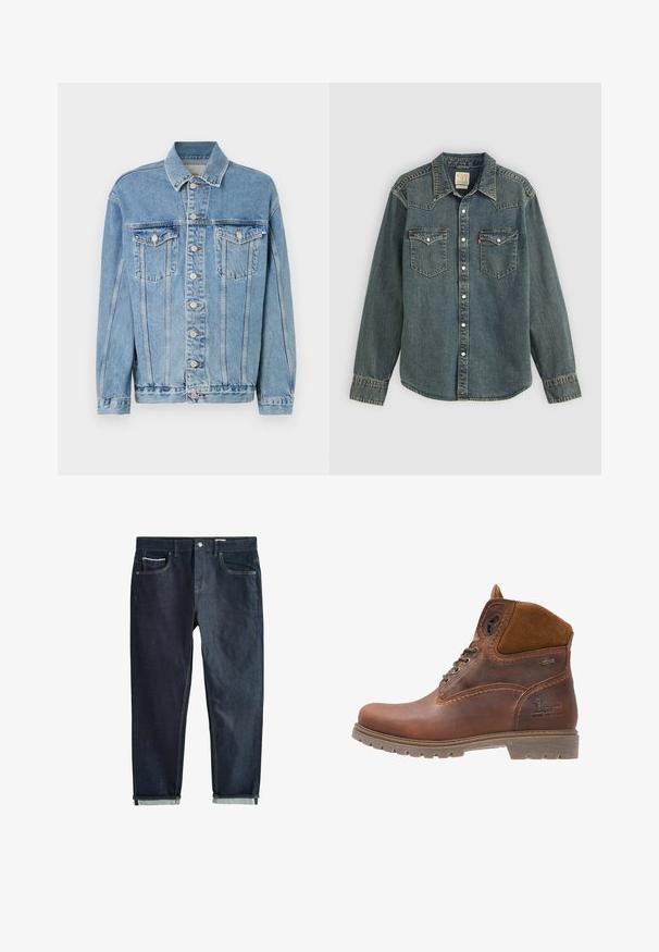 Hellblaue Jeansjacke mit Kragen, vorderem Knopfverschluss, zwei Brusttaschen und subtilen Waschungseffekten. Klassischer gerader Schnitt.; Denimhemd mit langen Ärmeln, durchgehender Knopfleiste, zwei Brusttaschen und einer dunkelblauen Waschung. Verfügt über einen spitzen Kragen und kontrastierende Nähte.; Dunkle Denim-Jeans mit geradem Bein, ausgestattet mit Knopfverschluss, zwei Vorderentaschen und aufgerollten Bündchen. Glatte Textur, minimalistische Nähte.; Braune Leder-Ankle-Boots mit Wildlederakzenten, runder Zehenpartie, schnürbarem Vorderteil, robuster Sohle und geprägtem Logo-Detail an der Seite.