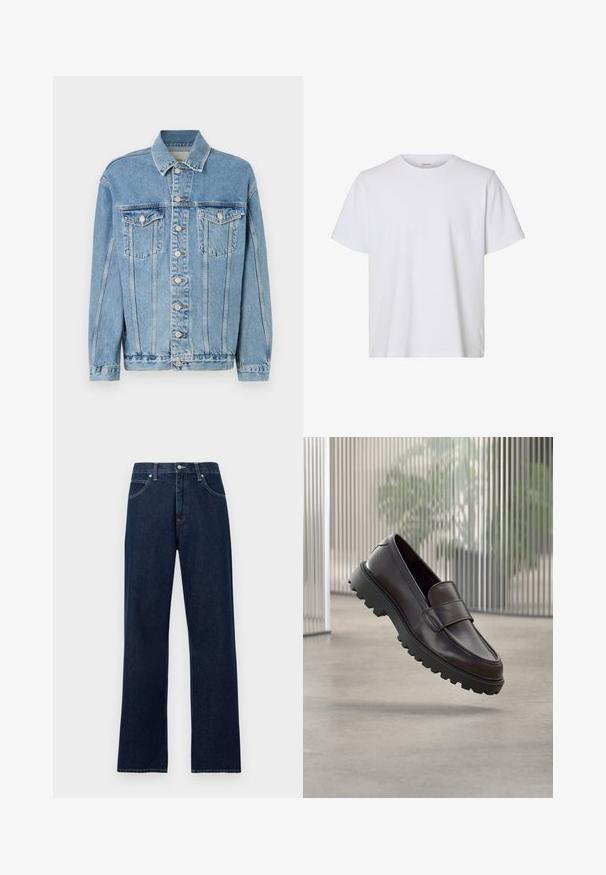Hellblaue Jeansjacke mit Kragen, vorderem Knopfverschluss, zwei Brusttaschen und subtilen Waschungseffekten. Klassischer gerader Schnitt.; Schlichtes weißes T-Shirt mit kurzen Ärmeln, Rundhalsausschnitt, regulärer Passform und glatter Stoffstruktur, auf weißem Hintergrund dargestellt.; Dunkelblaue Denim-Jeans mit geradem Bein, fünf Taschen, Gürtelschlaufen und einem vorderen Knopf- und Reißverschluss.; Brauner Leder-Schlupfschuh mit abgerundetem Zehenbereich und einer robusten schwarzen Gummisohle. Verfügt über einen dekorativen Riemen über dem Spann.