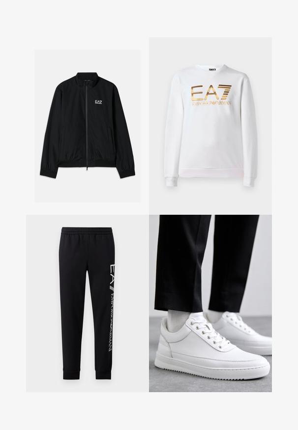 Schwarze Bomberjacke mit hohem Kragen, Reißverschluss vorne, elastischen Bündchen und Saum. Mit weißem EA7-Logo auf der linken Brust und zwei Seitentaschen.; Weißer Pullover aus Baumwolle mit langen Ärmeln und rundem Ausschnitt. Mit einem metallischen goldenen Logo "EA7 EMPORIO ARMANI" auf der Vorderseite.; Schwarze Sweatpants aus Baumwollmischung mit elastischem Taillenbund, schmal zulaufenden Beinen, gerippten Bündchen und weißem Logo-Druck entlang der Seite.; Weiße Leder-Sneaker mit flacher Gummisohle, ausgestattet mit einer glatten Oberfläche, runder Zehenpartie und Metallösen für die Schnürsenkel. Getragen mit schwarzen Hosen.