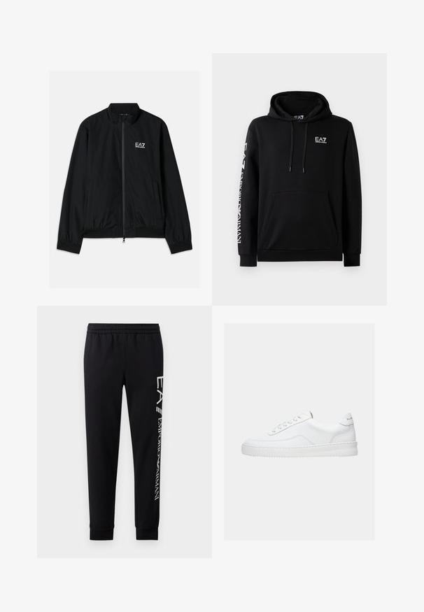 Chaqueta bomber negra con cuello alto, cremallera en la parte delantera, puños y dobladillo elásticos. Presenta el logo blanco de EA7 en el lado izquierdo del pecho y dos bolsillos laterales.; Sudadera con capucha negra fabricada en una mezcla de algodón. Presenta un bolsillo frontal, capucha con cordón y la marca EA7 en blanco en el pecho y la manga.; Pantalones de chándal negros hechos de una mezcla de algodón, con una cinturilla elástica, piernas estrechas, puños acanalados y estampado de logo blanco en el lateral.; Zapatilla deportiva blanca de corte bajo con diseño con cordones, parte superior de cuero liso y suela gruesa, vista de lado sobre un fondo liso.