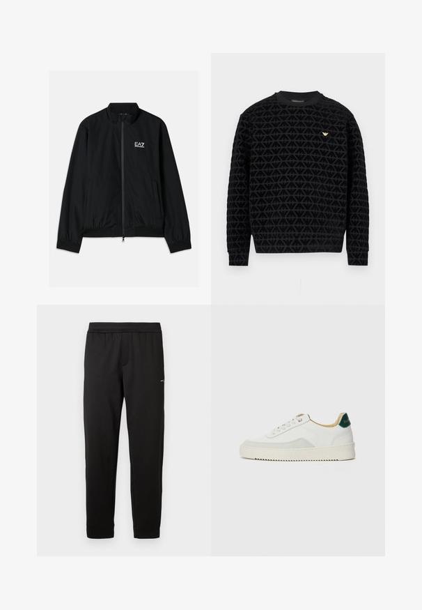 Veste bomber noire avec un col haut, fermeture éclair à l'avant, poignets et ourlet en élastique. Présente le logo EA7 blanc sur la poitrine gauche et deux poches latérales.; Sweat-shirt noir à col rond avec un motif géométrique texturé, arborant un logo doré sur la poitrine et des poignets et un ourlet côtelés.; Pantalon de sport noir en tissu doux. Taille élastique et poignets élastiques. Présente un petit logo sur le côté. Coupe droite.; Baskets blanches avec des accents en daim, bout arrondi, lacets plats et semelle en caoutchouc crème. Présente une marque verte sur le talon.