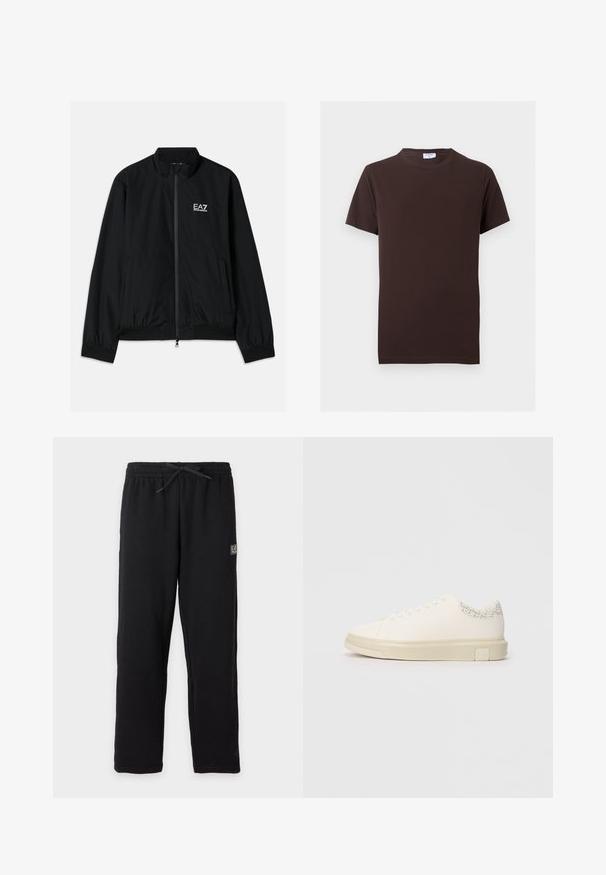 Chaqueta bomber negra con cuello alto, cremallera en la parte delantera, puños y dobladillo elásticos. Presenta el logo blanco de EA7 en el lado izquierdo del pecho y dos bolsillos laterales.; Camiseta lisa de color marrón oscuro, de manga corta con cuello redondo, ajuste entallado y una pequeña etiqueta blanca en el interior del cuello.; Pantalones deportivos negros con cintura elástica y cordón, con un pequeño parche rectangular con el logo EA7 en la parte superior del muslo izquierdo.; Zapatilla blanca con una parte superior de lona suave, cordones planos, collar acolchado y un acento gris texturizado en la parte trasera. Suela de goma gruesa.