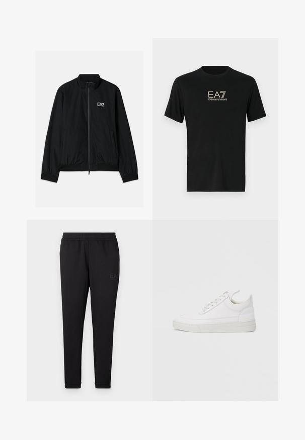 Chaqueta bomber negra con cuello alto, cremallera en la parte delantera, puños y dobladillo elásticos. Presenta el logo blanco de EA7 en el lado izquierdo del pecho y dos bolsillos laterales.; Camiseta negra de algodón suave con mangas cortas, que presenta un logotipo en contraste en dorado de EA7 y Emporio Armani en la parte delantera.; Pantalones de chándal negros hechos de una tela suave, con cinturilla elástica, puños ajustados y un pequeño logo impreso en el lateral.; Zapatilla blanca de cuero con punta redondeada, suela plana y cierre de cordones. Presenta detalles de costuras y un cuello acolchado para mayor comodidad.