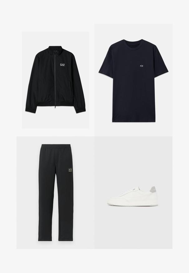 Chaqueta bomber negra con cuello alto, cremallera en la parte delantera, puños y dobladillo elásticos. Presenta el logo blanco de EA7 en el lado izquierdo del pecho y dos bolsillos laterales.; Camiseta de algodón de color azul marino con mangas cortas y cuello redondo. Presenta un pequeño logo blanco "A|X" en la parte izquierda del pecho.; Pantalones de chándal negros de pierna recta con cintura elástica y logotipo negro en el muslo izquierdo superior.; Zapatilla blanca de corte bajo con pestaña en el talón gris, cordones blancos y suela texturizada, presentada sobre un fondo claro y liso.