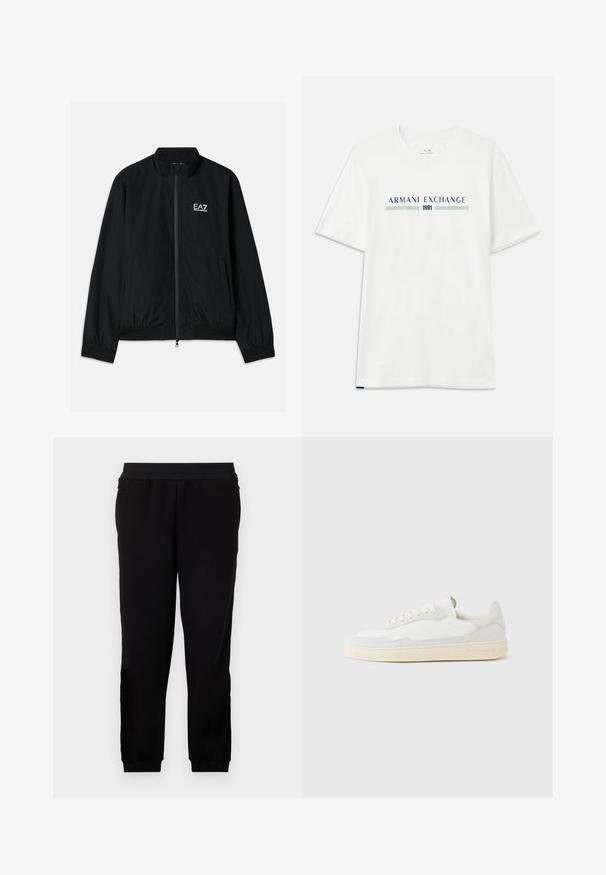 Chaqueta bomber negra con cuello alto, cremallera en la parte delantera, puños y dobladillo elásticos. Presenta el logo blanco de EA7 en el lado izquierdo del pecho y dos bolsillos laterales.; Camiseta de algodón blanca de manga corta, con un logo en azul y verde de "ARMANI EXCHANGE" y "1991" centrado debajo.; Pantalones de chándal negros hechos de un material suave, con una banda elástica en la cintura, puños ajustados y bolsillos laterales para mayor comodidad.; Zapatilla blanca con parte superior texturizada de ante y cuero. Presenta una puntera redondeada, cierre con cordones y suela de goma beige contrastante.