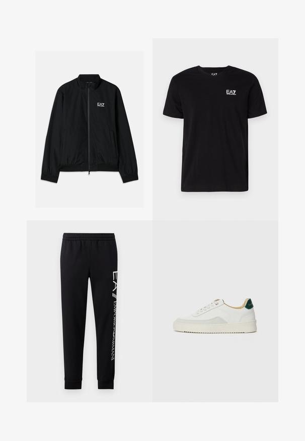 Schwarze Bomberjacke mit hohem Kragen, Reißverschluss vorne, elastischen Bündchen und Saum. Mit weißem EA7-Logo auf der linken Brust und zwei Seitentaschen.; Schwarzes Baumwoll-T-Shirt mit V-Ausschnitt und kurzen Ärmeln. Mit einem weißen EA7-Logo auf der linken Brust. Glatte Textur, normale Passform.; Schwarze Sweatpants aus Baumwollmischung mit elastischem Taillenbund, schmal zulaufenden Beinen, gerippten Bündchen und weißem Logo-Druck entlang der Seite.; Weiße Sneaker mit Wildlederelementen, runder Zehenpartie, flachen Schnürsenkeln und einer cremefarbenen Gummisohle. Mit grünen Markenlogo am Fersenbereich.