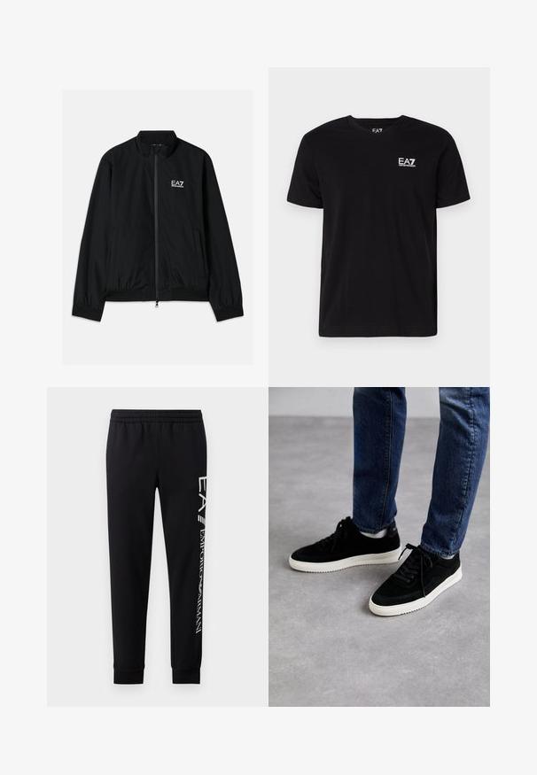 Sort bomberjakke med høj krave, lynlås foran, elastiske manchetter og kant. Har hvidt EA7-logo på venstre bryst og to sidelommer.; Sort bomulds T-shirt med v-hals og korte ærmer. Har et hvidt EA7-logo på venstre bryst. Glat tekstur, standard pasform.; Sorte sweatpants lavet af en bomuldsblanding, med elastisk talje, smalle ben, ribbede manchetter og hvidt logo print langs siden.; Sorte ruskind sneakers med en hvid gummisål, der har et klassisk low-top design, rundt tå og flade sorte snørebånd.
