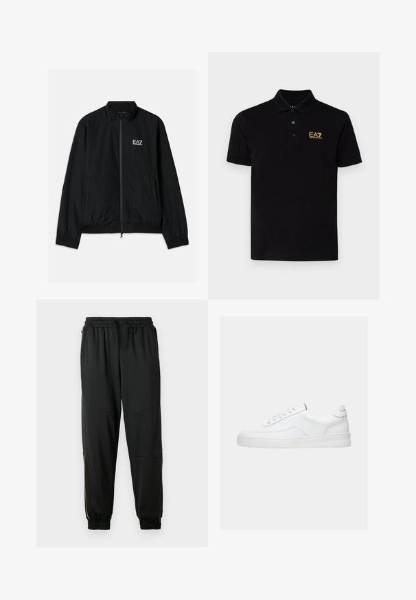 Schwarze Bomberjacke mit hohem Kragen, Reißverschluss vorne, elastischen Bündchen und Saum. Mit weißem EA7-Logo auf der linken Brust und zwei Seitentaschen.; Schwarzes Polo-Shirt aus Baumwolle mit klassischem Kragen, ausgestattet mit drei Knöpfen am Hals und einem goldenen EA7-Logo auf der linken Brust.; Schwarze Sporthosen aus dehnbarem Material, mit einem elastischen Bund, seitlichen Reißverschlusstaschen und umgeschlagenen Säumen mit kontrastierenden goldenen Akzenten.; Weißer Sneaker mit niedrigem Schaft, Schnürdesign, glattem Lederobermaterial und dicker Sohle, von der Seite auf einfachem Hintergrund gezeigt.