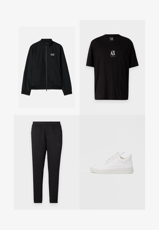 Schwarze Bomberjacke mit hohem Kragen, Reißverschluss vorne, elastischen Bündchen und Saum. Mit weißem EA7-Logo auf der linken Brust und zwei Seitentaschen.; Schwarzes Baumwoll-T-Shirt mit kurzen Ärmeln, rundem Halsausschnitt und einem kleinen weißen Logo "A|X", das mittig auf der Brust platziert ist.; Schwarze Sweatpants aus weichem Material, mit einem elastischen Bund, engen Bündchen und einem kleinen Logo, das an der Seite aufgedruckt ist.; Weißer Ledersneaker mit abgerundetem Zehenbereich, flacher Sohle und Schnürverschluss. Verfügt über Nahtdetails und einen gepolsterten Kragen für zusätzlichen Komfort.