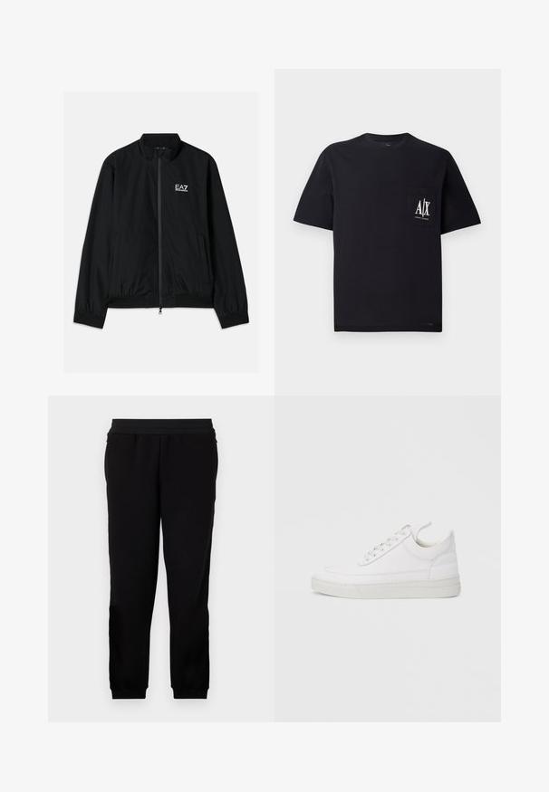 Schwarze Bomberjacke mit hohem Kragen, Reißverschluss vorne, elastischen Bündchen und Saum. Mit weißem EA7-Logo auf der linken Brust und zwei Seitentaschen.; Schwarzes Baumwoll-T-Shirt mit Rundhalsausschnitt und kurzen Ärmeln. Besitzt eine Brusttasche mit weißem "A/X"-Logo. Glatte Textur, lockere Passform.; Schwarze Sweatpants aus einem weichen Material, mit elastischem Bund, eng anliegenden Bündchen und Seitentaschen für zusätzlichen Komfort.; Weißer Ledersneaker mit abgerundetem Zehenbereich, flacher Sohle und Schnürverschluss. Verfügt über Nahtdetails und einen gepolsterten Kragen für zusätzlichen Komfort.