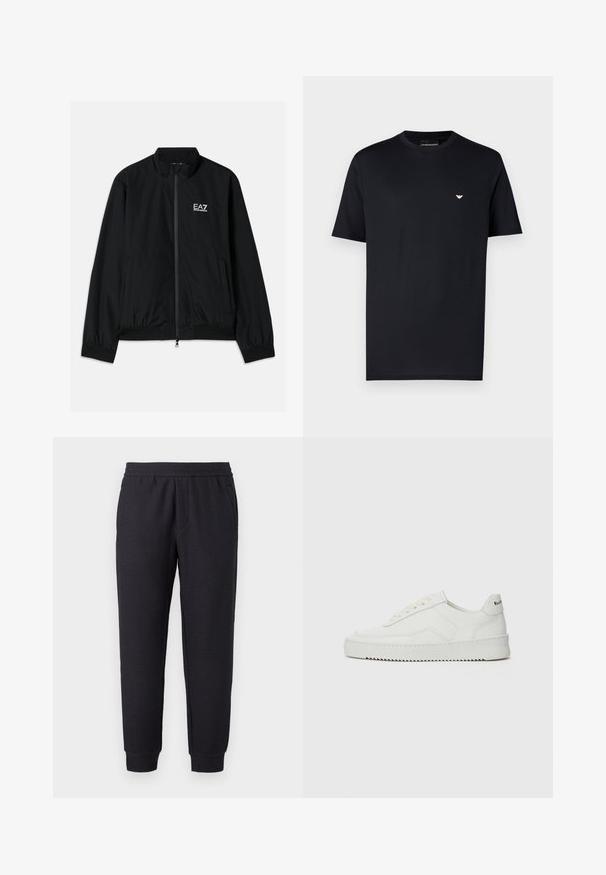 Chaqueta bomber negra con cuello alto, cremallera en la parte delantera, puños y dobladillo elásticos. Presenta el logo blanco de EA7 en el lado izquierdo del pecho y dos bolsillos laterales.; Camiseta negra de algodón con cuello redondo, mangas cortas y un pequeño logo dorado en el pecho. Textura suave, ajuste estándar.; Pantalones deportivos negros con corte cónico, cinturilla y puños elásticos, con un sutil patrón texturizado y bolsillos laterales.; Zapatilla de cuero blanca con un acabado suave, puntera redonda, cordones planos y suela texturizada. Cuenta con un sutil logo en el talón.