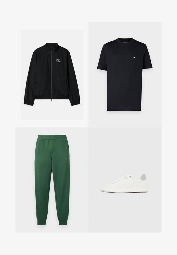 Veste bomber noire avec un col haut, fermeture éclair à l'avant, poignets et ourlet en élastique. Présente le logo EA7 blanc sur la poitrine gauche et deux poches latérales.; T-shirt en coton noir avec col rond, manches courtes et petit logo doré sur la poitrine. Texture lisse, coupe standard.; Pantalons de survêtement verts avec une taille élastique confortable, des jambes fuselées et des poignets côtelés. Fabriqués en tissu lisse et extensible.; Baskets basses blanches avec un onglet de talon gris, des lacets blancs et une semelle texturée, présentées sur un fond uni clair.