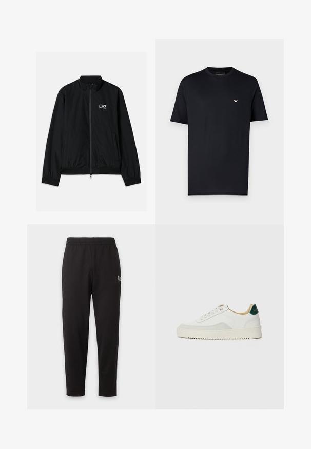 Schwarze Bomberjacke mit hohem Kragen, Reißverschluss vorne, elastischen Bündchen und Saum. Mit weißem EA7-Logo auf der linken Brust und zwei Seitentaschen.; Schwarzes Baumwoll-T-Shirt mit Rundhalsausschnitt, kurzen Ärmeln und kleinem goldenem Logo auf der Brust. Glatte Textur, Standardpassform.; Schwarze elastische Jogginghose mit zulaufenden Beinen und einem kleinen weißen Logo am oberen linken Oberschenkel.; Weiße Sneaker mit Wildlederelementen, runder Zehenpartie, flachen Schnürsenkeln und einer cremefarbenen Gummisohle. Mit grünen Markenlogo am Fersenbereich.