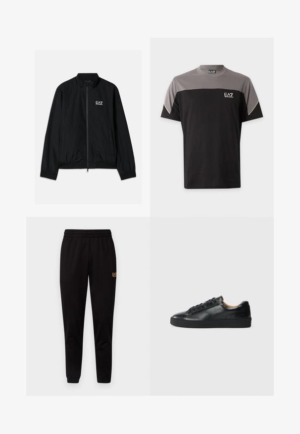 Schwarze Bomberjacke mit hohem Kragen, Reißverschluss vorne, elastischen Bündchen und Saum. Mit weißem EA7-Logo auf der linken Brust und zwei Seitentaschen.; Schwarzes und graues EA7 Emporio Armani T-Shirt mit kurzen Ärmeln, Logo auf der Brust und weißem Saum an den Ärmeln.; Schwarze Jogginghose mit einem elastischen Bund, taillierten Bündchen und einem kleinen gelben Logo am oberen linken Bein. Weicher, glatter Stoff.; Schwarze Leder-Sneaker mit glatter Textur, runder Zehenpartie und Schnürverschluss. Verfügt über eine dicke Gummisohle und minimalistische Marken-Details.