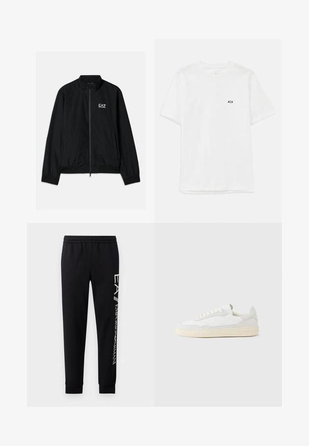 Schwarze Bomberjacke mit hohem Kragen, Reißverschluss vorne, elastischen Bündchen und Saum. Mit weißem EA7-Logo auf der linken Brust und zwei Seitentaschen.; Weißes Baumwoll-T-Shirt mit kurzen Ärmeln und Rundhalsausschnitt, mit einem kleinen schwarzen Logo auf der linken Brust. Glatte Textur, schlichtes Design.; Schwarze Sweatpants aus Baumwollmischung mit elastischem Taillenbund, schmal zulaufenden Beinen, gerippten Bündchen und weißem Logo-Druck entlang der Seite.; Weißer Sneaker mit strukturiertem Obermaterial aus Wildleder und Leder. Verfügt über eine runde Zehenpartie, Schnürverschluss und eine kontrastierende beige Gummisohle.
