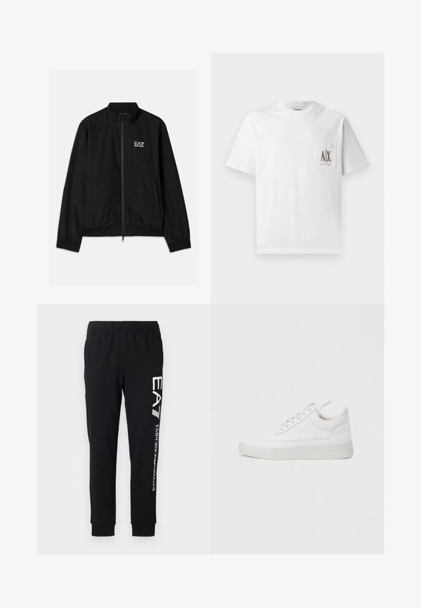 Chaqueta bomber negra con cuello alto, cremallera en la parte delantera, puños y dobladillo elásticos. Presenta el logo blanco de EA7 en el lado izquierdo del pecho y dos bolsillos laterales.; Camiseta de algodón blanca con mangas cortas, cuello redondo y un bolsillo en el pecho izquierdo con el logotipo bordado "A|X" en marrón.; Pantalones deportivos negros hechos de tejido elástico. Cuentan con una cintura elástica, puños acampanados, y una marca blanca en la pierna izquierda.; Zapatilla blanca de cuero con punta redondeada, suela plana y cierre de cordones. Presenta detalles de costuras y un cuello acolchado para mayor comodidad.