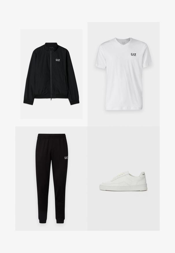 Chaqueta bomber negra con cuello alto, cremallera en la parte delantera, puños y dobladillo elásticos. Presenta el logo blanco de EA7 en el lado izquierdo del pecho y dos bolsillos laterales.; Camiseta de algodón blanca con cuello en V y manga corta, que presenta un logo negro de EA7 en el lado izquierdo del pecho. Textura suave, diseño simple.; Pantalones de chándal negros con cinturilla elástica, piernas ajustadas y un pequeño logo blanco en la parte superior izquierda. Textura suave y diseño sencillo.; Zapatilla de cuero blanca con un acabado suave, puntera redonda, cordones planos y suela texturizada. Cuenta con un sutil logo en el talón.