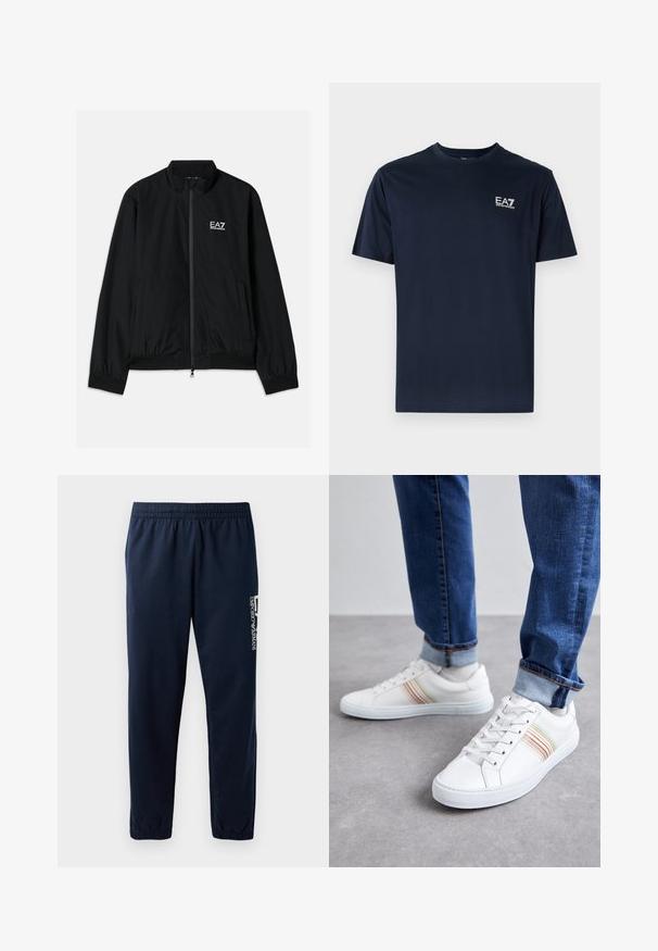 Zwarte bomberjack met een hoge kraag, rits aan de voorkant, elastische manchetten en een elastische zoom. Bevat een witte EA7-logo op de linkerkant van de borst en twee zijzakken.; Navyblauwe katoenen t-shirt met korte mouwen, ronde halslijn en EA7-logo aan de linkerbovenkant in het wit. Gladde textuur, casual ontwerp.; Marineblauwe trainingsbroek met een elastische tailleband, taps toelopende pijpen en een wit logo aan de zijkant. Gladde stof met een lichte textuur.; Witte leren sneakers met meerkleurige strepen, vetersluiting, rubberen zool en gevoerd kraagje, gecombineerd met blauwe spijkerbroek.