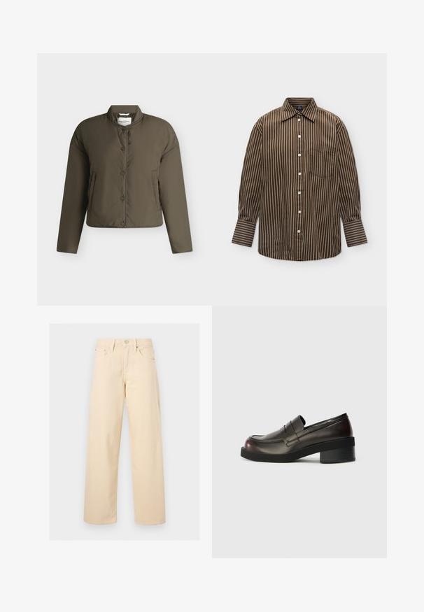 Veste matelassée vert olive avec fermeture à boutons-pression, col rond, manches longues et deux poches latérales, présentée sur un fond clair uni.; Chemise marron à manches longues boutonnée avec des rayures verticales blanches et une poche avant sur fond blanc.; Pantalon beige droit avec bouton et fermeture éclair à l’avant, passants pour ceinture et design cinq poches sur un fond uni clair.; Mocassins en cuir marron foncé avec un bout arrondi, des détails cousus et un talon bloc modéré. Texture lisse, design minimaliste.