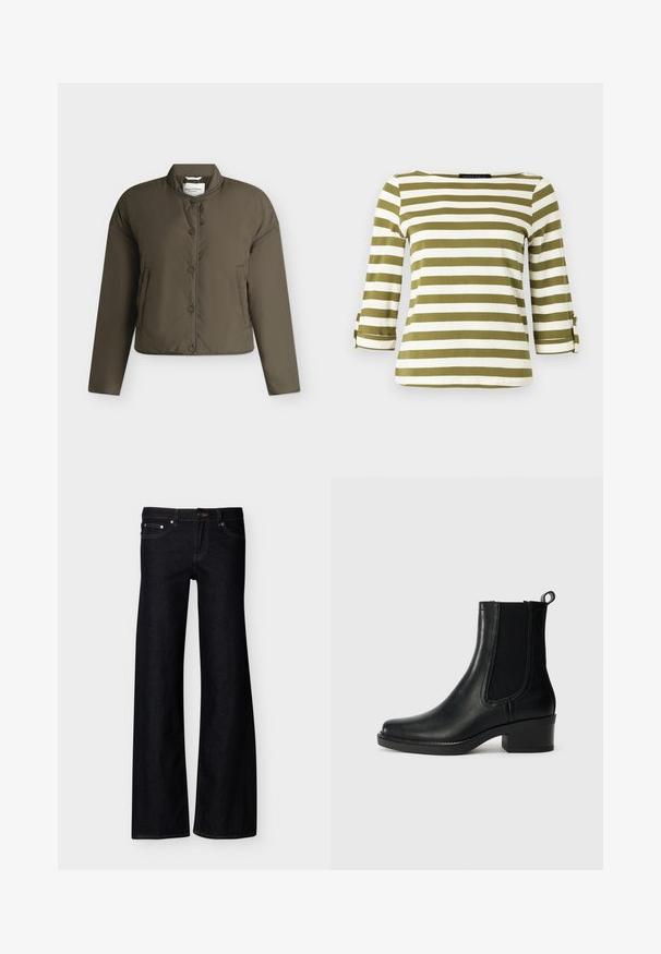 Veste matelassée vert olive avec fermeture à boutons-pression, col rond, manches longues et deux poches latérales, présentée sur un fond clair uni.; Haut rayé en vert olive et blanc, avec des manches trois-quarts munies de pattes de serrage et un col bateau. Tissu lisse et doux.; Jean denim noir à jambes larges avec poches avant, fermeture par bouton, et coutures apparentes, présenté sur un fond blanc uni.; Botte cheville en cuir noir avec des panneaux latéraux élastiques, bout arrondi et talon carré. Texture lisse et détails en couture.