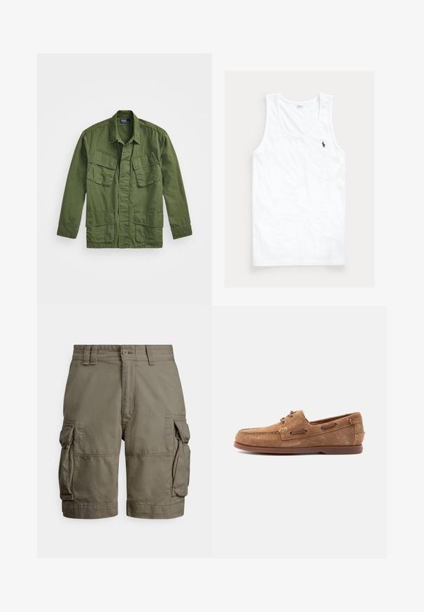 Olivengrøn militærjakke med lange ærmer, spidse krave og fire forlommer. Fremstillet af et let, struktureret stof.; Hvid ærmeløs tanktop med rund halsudskæring og lille mørkeblå Polo Ralph Lauren hestelogo på venstre bryst.; Olivengrønne cargoshorts lavet af bomuld med to sidelommer, en cargolomme og knaplukning i taljen.; Brun mokkasinsko i ruskind med læresnøredetaljer, syet tå og flad gummisål, vist fra siden på en lys baggrund.