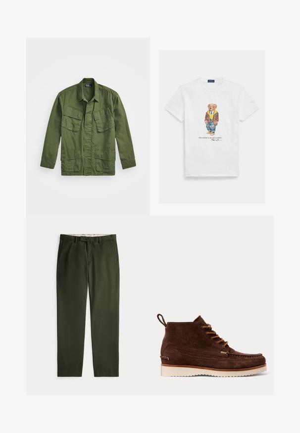 Olivengrøn militærjakke med lange ærmer, spidse krave og fire forlommer. Fremstillet af et let, struktureret stof.; Hvid bomuld T-shirt med grafik af en klædt tegneserie-bjørn. Bemærkelsesværdige detaljer inkluderer en brun jakke, gul hættetrøje og blå jeans.; Mørkegrønne bukser med lige ben, bæltestropper, sidelommer og lynlås på en ensfarvet lys baggrund.; Brun ruskind ankelstøvle med snørebånd foran, syningsdetaljer, hæl-loop og hvid rillede sål på ensfarvet baggrund.