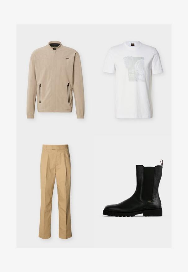 Veste légère beige avec fermeture éclair complète à l'avant, deux poches latérales zippées, col montant et logo "BOSS" sur la poitrine.; T-shirt blanc à manches courtes avec col rond, arborant une impression pâle et abstraite de cernes d'arbre et un petit texte de la marque "BOSS" sur la poitrine.; Pantalon beige en coton lisse à taille haute, avec des plis à l'avant et des jambes droites. Aucun équipement visible ni motifs.; Bottine en cuir noir avec un panneau latéral élastique, une semelle épaisse et une languette à l’arrière, featuring un petit logo doré "Hugo" près du talon.