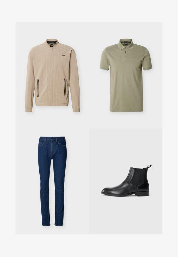 Veste légère beige avec fermeture éclair complète à l'avant, deux poches latérales zippées, col montant et logo "BOSS" sur la poitrine.; Polo pour homme vert olive à manches courtes avec patte à deux boutons et logo "BOSS" brodé sur la poitrine.; Jean en denim bleu foncé à coupe slim, design à cinq poches, coutures visibles et fermeture par bouton à la taille. Texture lisse.; Bottine en cuir noir avec des panneaux latéraux élastiques, bout rond et tirette. Texture lisse, semelle plate, design minimaliste.